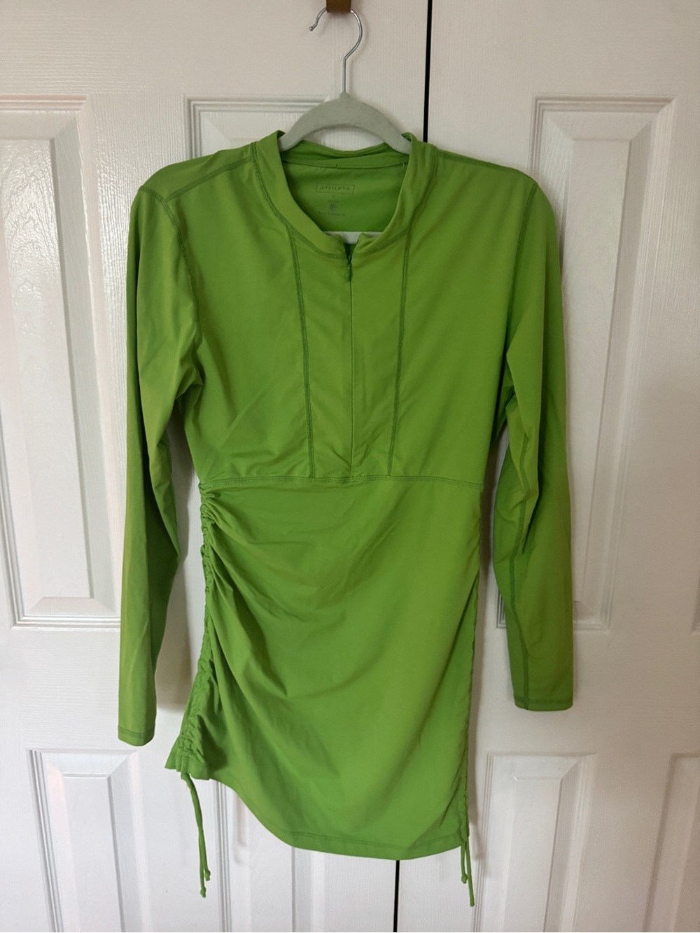 Athleta Tidal Rash Guard Tunic L Green UPF 50 Ruched 1/2 Zip Swim